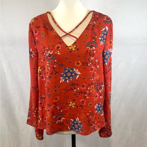 Lily White cross front burnt orange floral top size large - Picture 1 of 6